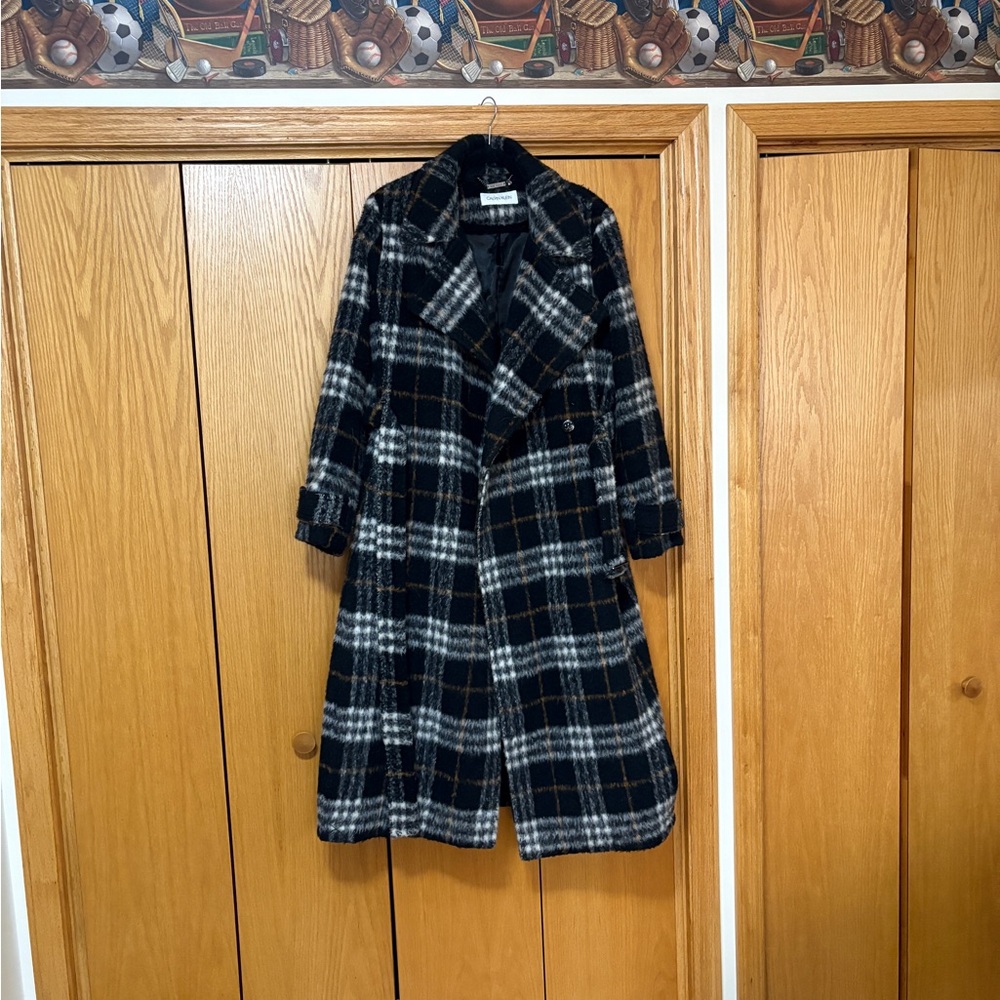 Calvin Klein Black, Brown and White Plaid Wool Coat